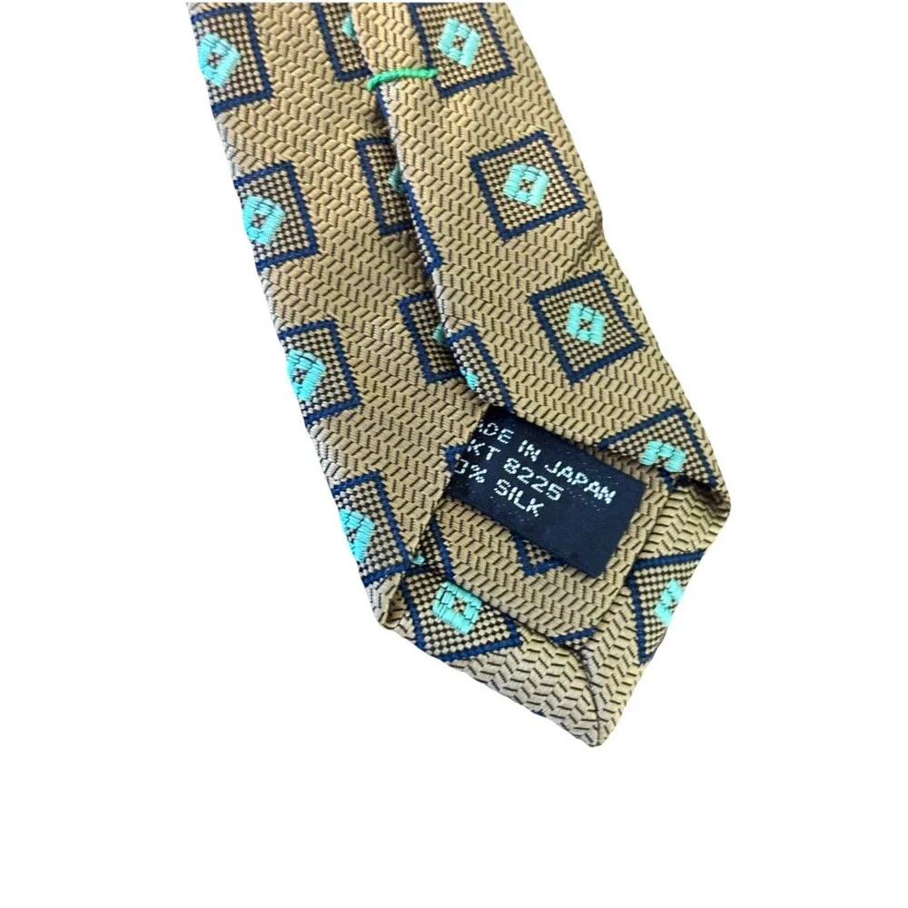 Vintage JHANE‎ BARNES Silk Tie Gold Navy Aqua Geometric Fractal 90s Designer